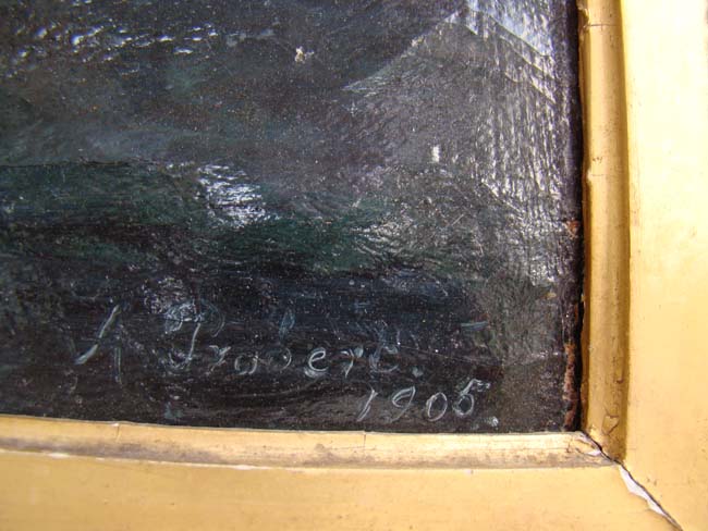 An oil painting on canvas of a Danish ship off the coast signed and dated "A. Probert 1905" — image 5